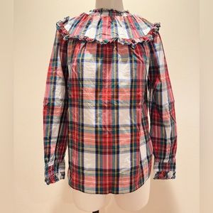 Jcrew Ruffle top in white Stewart tartan